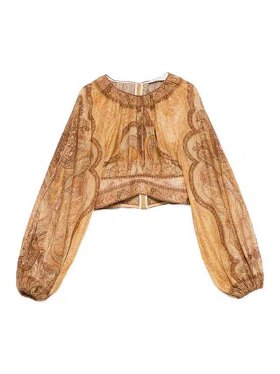 Zimmermann Wanderlust Multicolor Cropped Top With Puffed Long Sleeves And All-over Paisley Motif In Cotton Blen In Gold