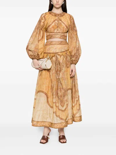 Zimmermann Wanderlust Multicolor Cropped Top With Puffed Long Sleeves And All-over Paisley Motif In Cotton Blen In Gold