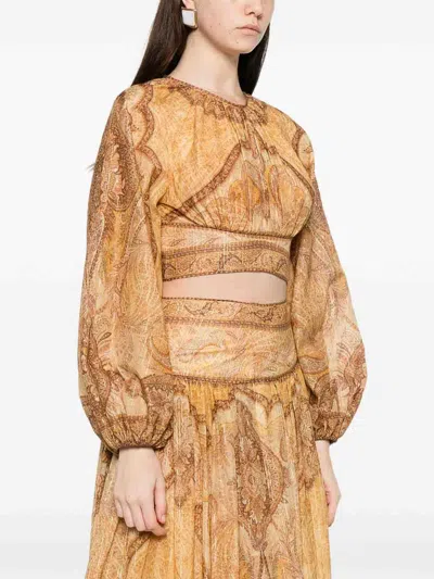 Zimmermann Wanderlust Multicolor Cropped Top With Puffed Long Sleeves And All-over Paisley Motif In Cotton Blen In Gold