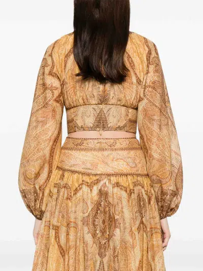 Zimmermann Wanderlust Multicolor Cropped Top With Puffed Long Sleeves And All-over Paisley Motif In Cotton Blen In Gold