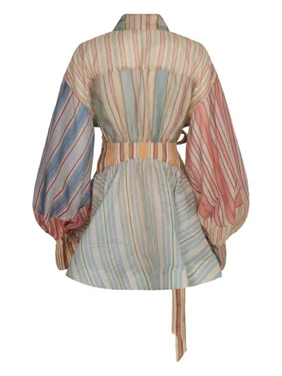Zimmermann Rebellion Multicolor Midi Dress With Bow Detail On The Front And All-over Striped Motif In Linen And In Multi