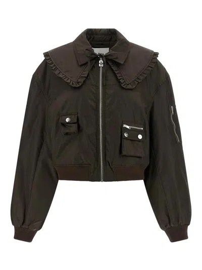 Ganni Technical Fabric Bomber Jacket In Brown