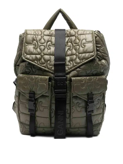 Ganni Nylon Backpack Quilt Pattern Top Handle In Green