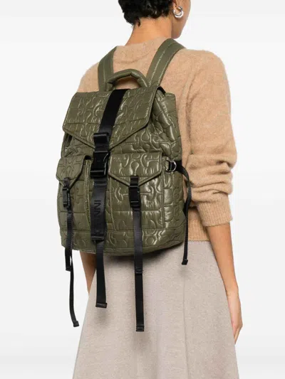 Ganni Nylon Backpack Quilt Pattern Top Handle In Green
