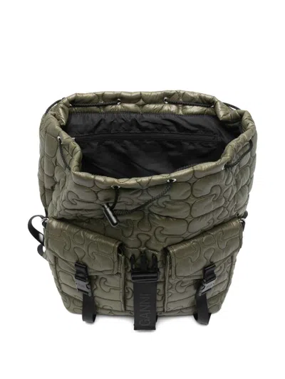 Ganni Nylon Backpack Quilt Pattern Top Handle In Green