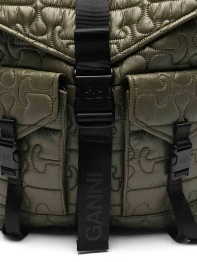 Ganni Nylon Backpack Quilt Pattern Top Handle In Green