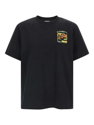Casablanca Black Crewneck T-shirt With Logo Detail On The Front And Maxi Logo On The Rear In Cotton Man