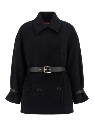 Max Mara Studio Pausa Double-breasted Virgin Wool Jacket With Waist Belt In Black