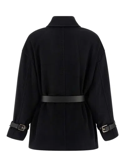 Max Mara Studio Pausa Double-breasted Virgin Wool Jacket With Waist Belt In Black