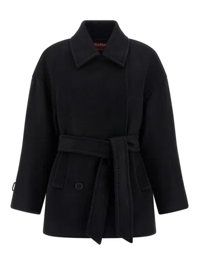 Max Mara Studio Pausa Double-breasted Virgin Wool Jacket With Waist Belt In Black