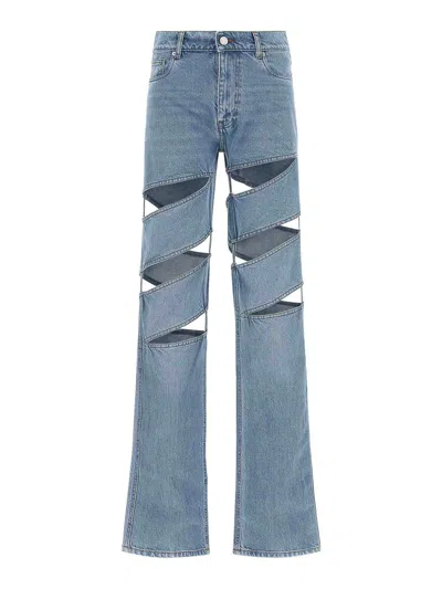 Coperni Light Blue Jeans With Cut-out Spiral Design And Logo Patch On The Rear In Denim Woman In Blue