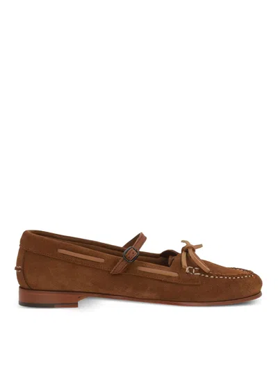 Hereu Lorea Suede Leather Loafers Bow Buckle In Brown