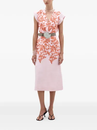 Silvia Tcherassi Olive Embroidered Linen Midi Dress With Belt In Pink