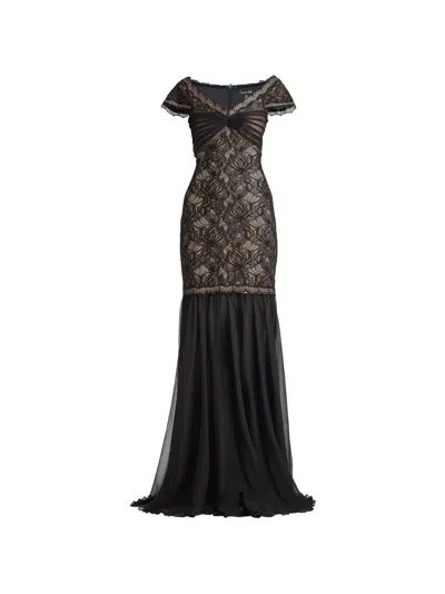 Tadashi Shoji Off The Shoulder Mixed Media Lace Gown In Black