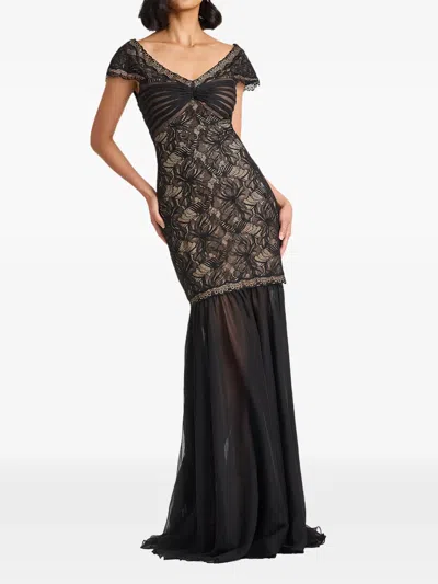 Tadashi Shoji Off The Shoulder Mixed Media Lace Gown In Black