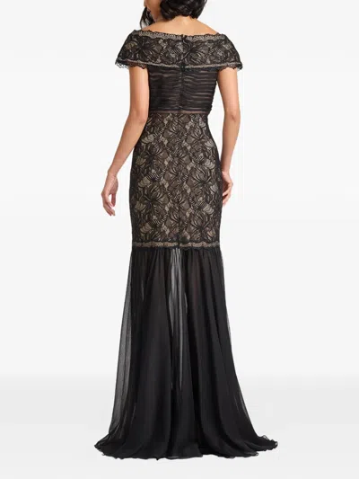 Tadashi Shoji Off The Shoulder Mixed Media Lace Gown In Black