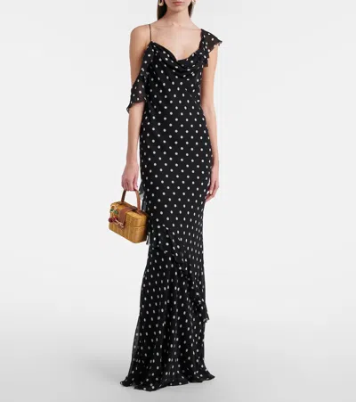 Self-portrait Long Dress Black Polka Dot With V-neck In Black Georgette For Women In Multi