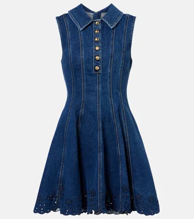 Self-portrait Paneled Broderie Anglaise Denim Mini Dress In Blue