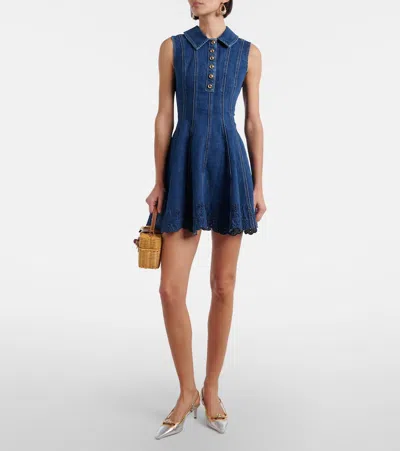 Self-portrait Paneled Broderie Anglaise Denim Mini Dress In Blue