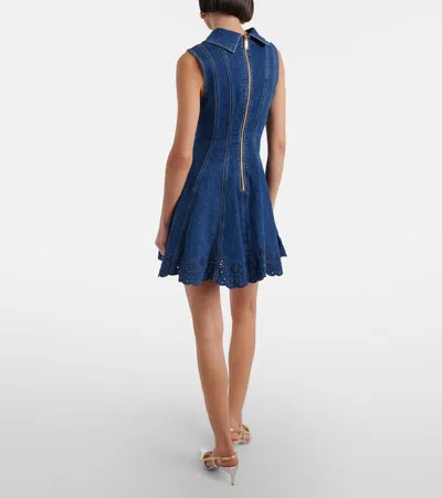 Self-portrait Paneled Broderie Anglaise Denim Mini Dress In Blue