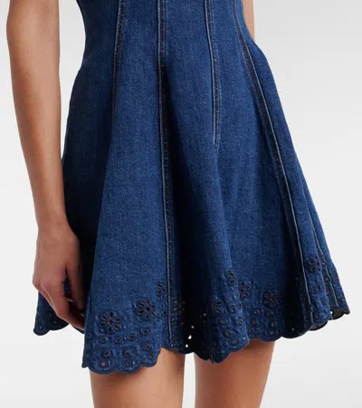 Self-portrait Paneled Broderie Anglaise Denim Mini Dress In Blue