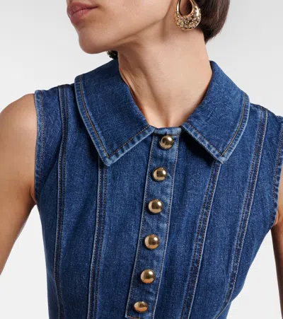 Self-portrait Paneled Broderie Anglaise Denim Mini Dress In Blue