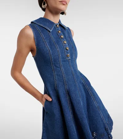Self-portrait Paneled Broderie Anglaise Denim Mini Dress In Blue
