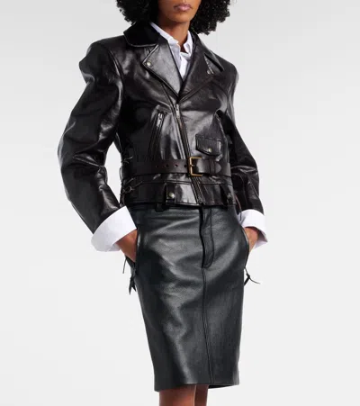 Saint Laurent Leather Biker Jacket In Brown