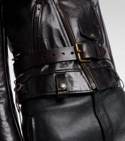 Saint Laurent Leather Biker Jacket In Brown