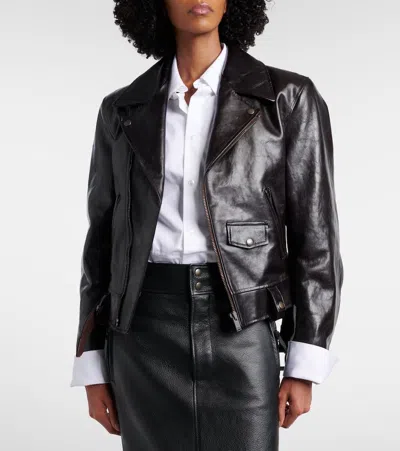 Saint Laurent Leather Biker Jacket In Brown