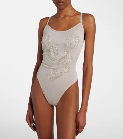 Jacques Wei Beaded Bodysuit In Gray