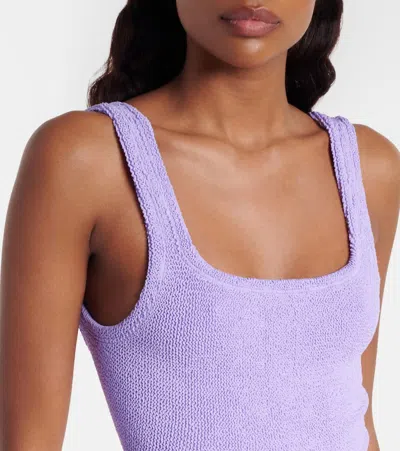 Hunza G Coverage Square Neck Seersucker Swimsuit In Purple