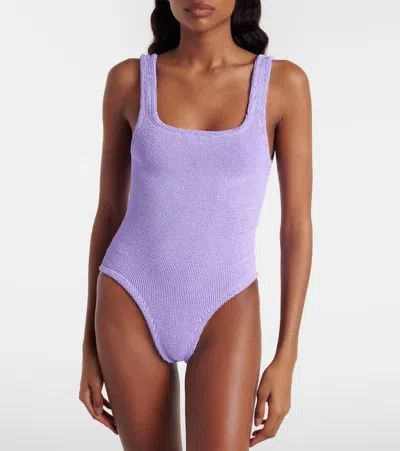 Hunza G Coverage Square Neck Seersucker Swimsuit In Purple