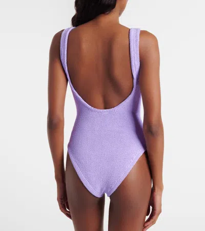 Hunza G Coverage Square Neck Seersucker Swimsuit In Purple