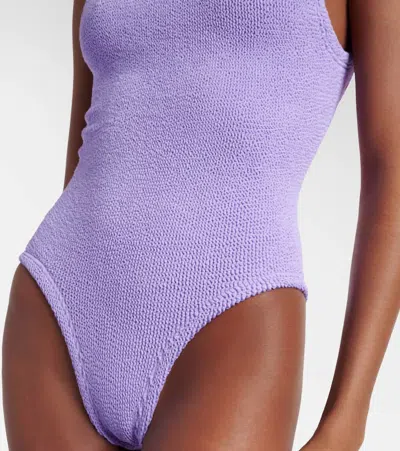Hunza G Coverage Square Neck Seersucker Swimsuit In Purple