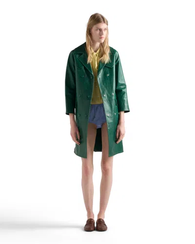 Prada Double-breasted Leather Coat In Green