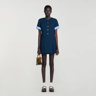 Sandro Womens Navy Blue Patch-pocket Pleated Stretch-woven Mini Dress