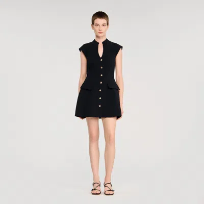 Sandro Womens Black Capped-sleeves Buttoned Knitted Mini Dress
