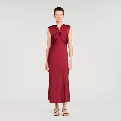 Sandro Womens Bordeaux V-neck Sleeveless Satin Maxi Dress In Red