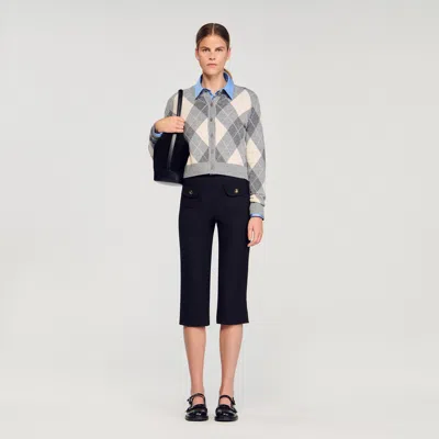 Sandro Womens Grey Argyle Round-neck Wool And Cashmere-blend Cardigan In Gray