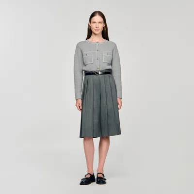 Sandro Womens Grey Contrast-stitch Wool-blend Cardigan In Gray