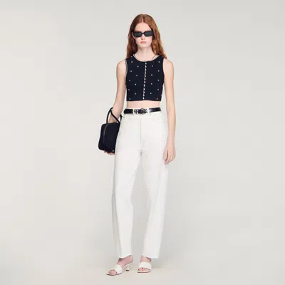 Sandro Womens Black Rhinestone-embellished Cropped Knitted Top