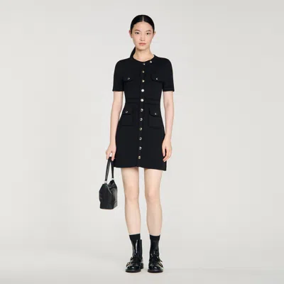 Sandro Womens Black Short-sleeved Button-up Knitted Mini Dress