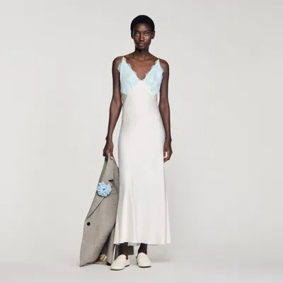 Sandro Womens Ecru V-neck Lace-trim Satin Maxi Dress In Nude