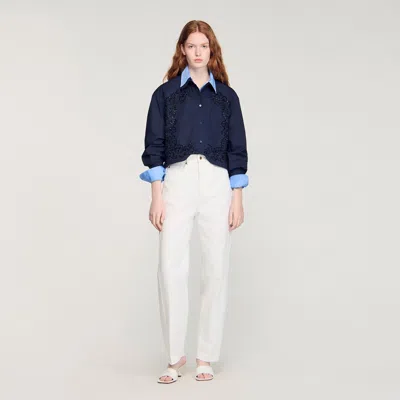 Sandro Womens Navy Blue Floral-embroidered Cotton Shirt