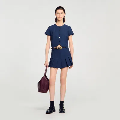 Sandro Rounded Hem Buttoned Crop Top In Blue
