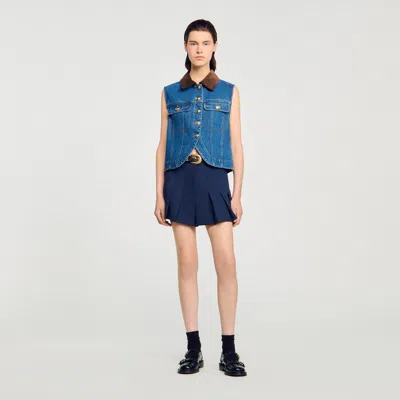 Sandro Womens Blue Jean Contrast-collar Button-down Sleeveless Denim Jacket