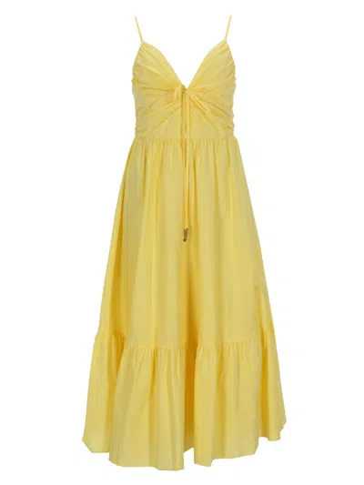 Michael Kors Ruched Bodice Dress Tiered Skirt Straps In Yellow