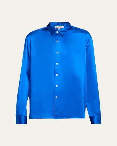Zankov Jimmy Solid Silk Satin Button-up Shirt In Blue