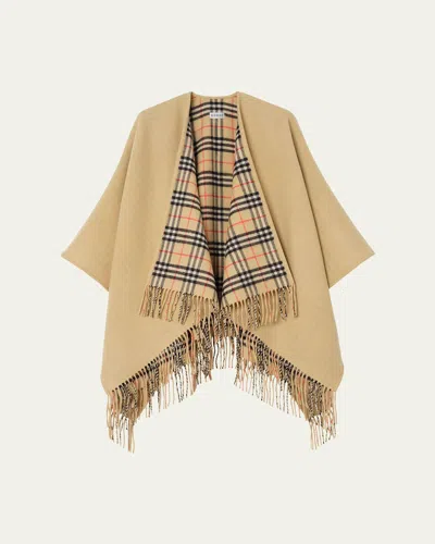 Burberry Wool Reversible Cape Mid Length Check Fringe In Gray